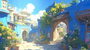 蓝天阳光异域小院插画