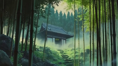 朦胧夏日迷雾竹林古建
