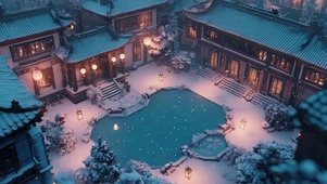 冬日飘雪庭院池塘建筑