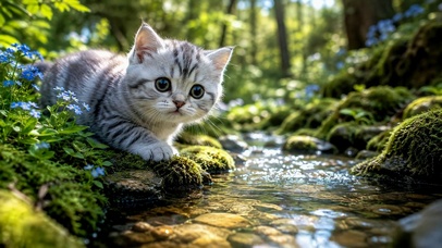 林间溪流可爱小猫