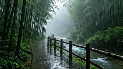 雾竹清溪雨径