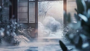 冬日白雪朦胧庭院风景