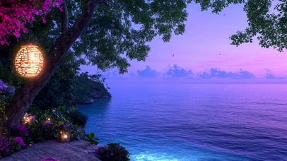 晚霞海景树木带鱼屏