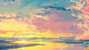 油画夕阳海景樱花树木带鱼屏