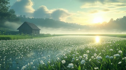 迷雾山间鲜花河畔小屋