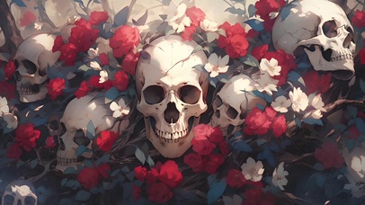 4K 头骨与鲜花