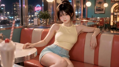 夜晚美式餐厅清纯美女