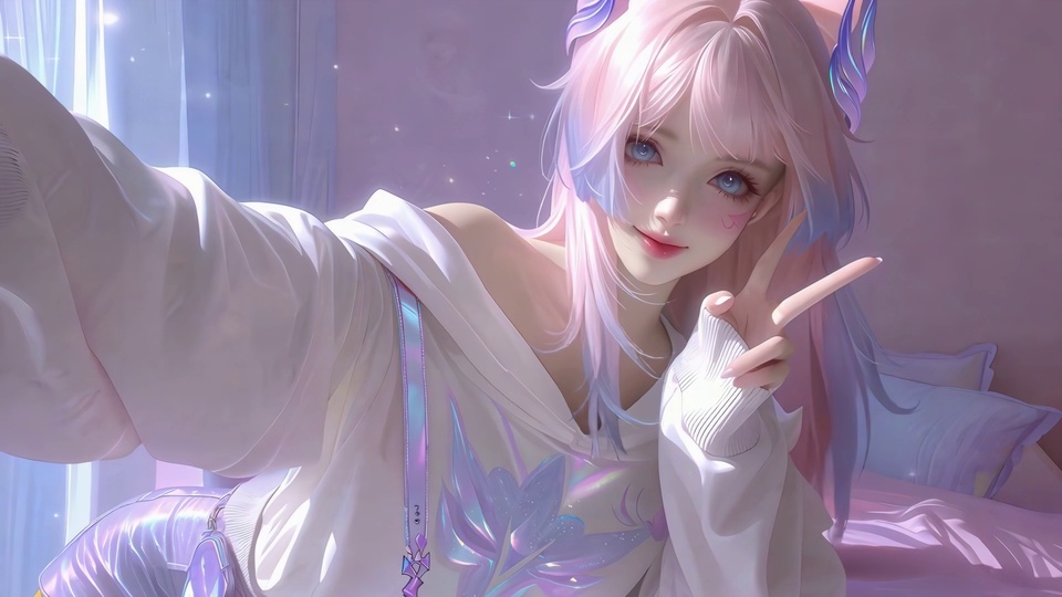 粉紫渐变长发带幻彩兽耳的少女，穿露肩宽松白衣比出剪刀手。