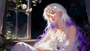 窗边白发少女与慵懒白猫
