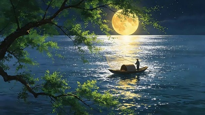月夜平湖渔舟