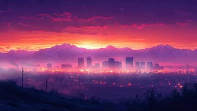 紫色晚霞远眺城市景色