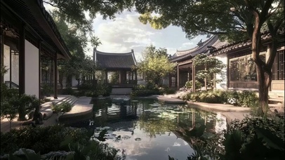 夏日午后静谧庭院池塘