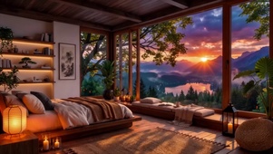 山林湖畔夕阳木屋