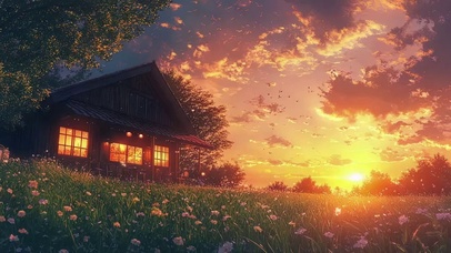 温馨黄昏山坡小屋花海