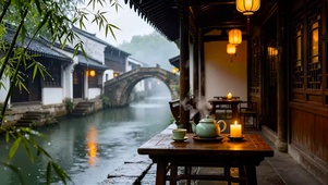 雨天江南古镇品茶