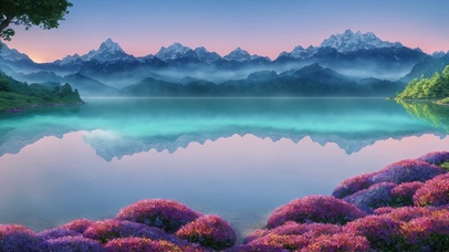 花岸镜湖映雪峰