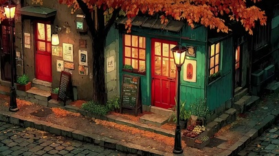 小镇傍晚街道转角书店