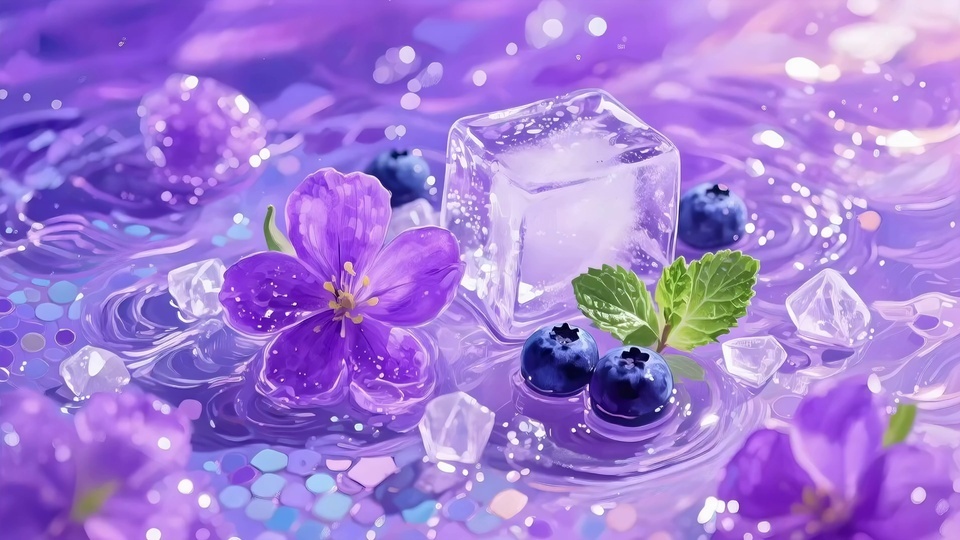 紫蓝色水面上漂浮着紫花、蓝莓、冰块与薄荷叶的清透插画