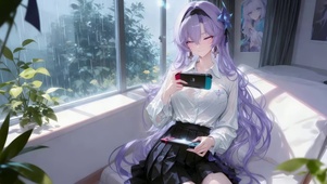 雨天玩游戏的女孩