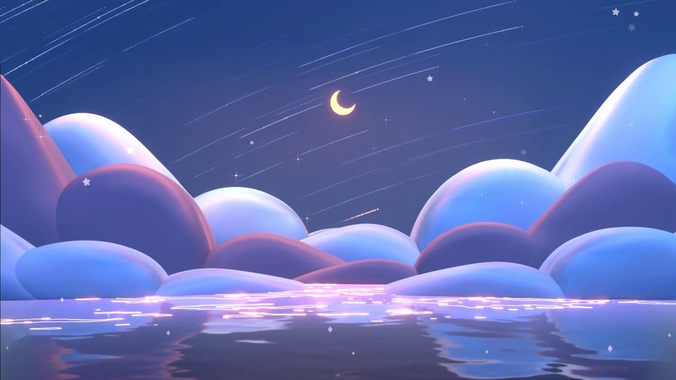 3D风格梦幻夜空湖景，新月悬于深蓝天空，粉紫蓝渐变圆润山峦临水面。