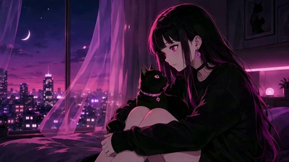 紫夜窗边抱猫美少女