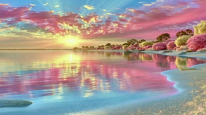 粉色湖畔日落唯美风景