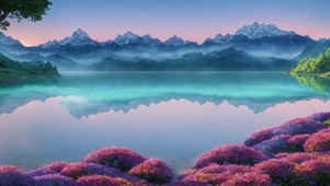 花岸镜湖映雪峰