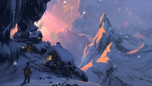 冬季夕阳雪山小屋