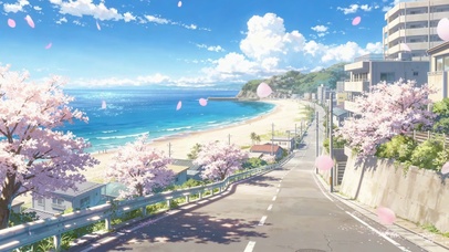 动漫海边樱花飘落海岸线美景