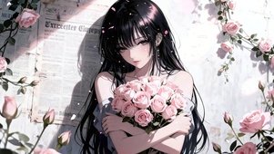 手捧鲜花长发女孩