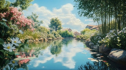 春日竹林湖畔唯美绿植