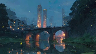 城市夜晚高楼河岸石桥