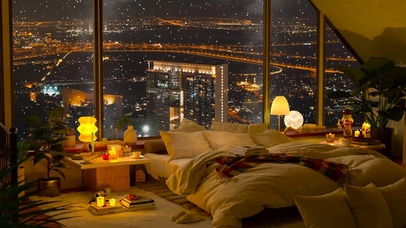 都市夜景雪天温馨卧室