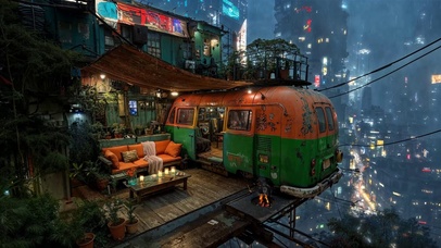 未来雨夜城市阁楼