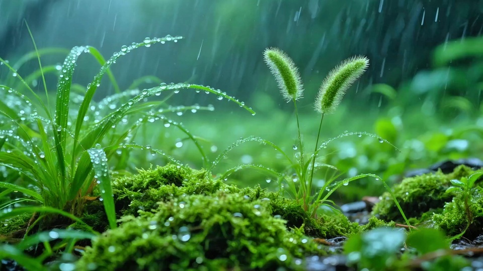 鲜绿草叶与青绿色苔藓表面覆满透明雨滴，背景为虚化的柔和雨雾，整体呈现低饱和鲜绿色调。