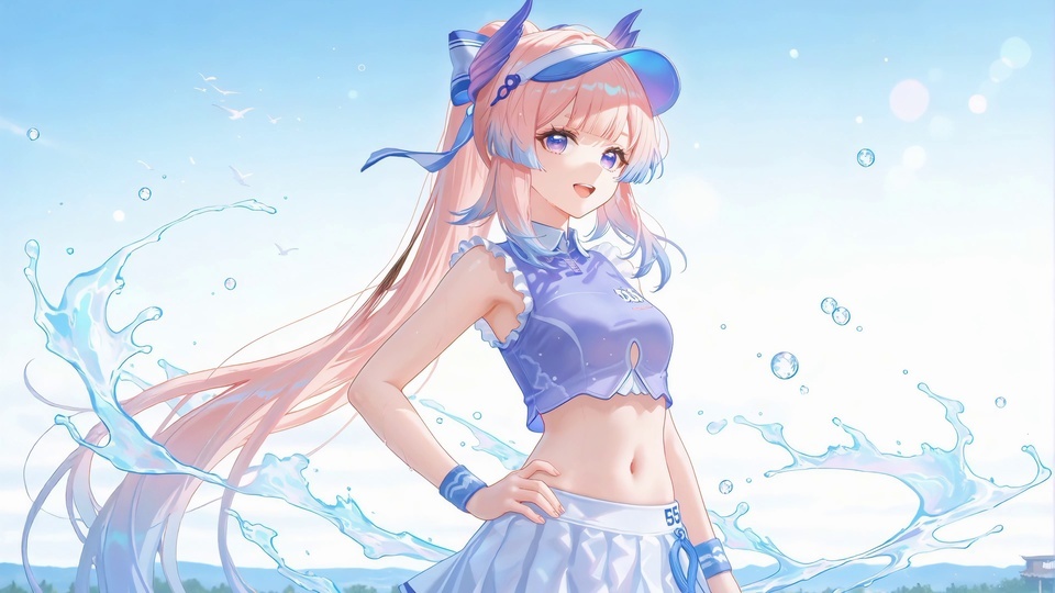 粉蓝渐变高马尾少女站在水畔，身着紫白运动套装，周围飘着水花与气泡。