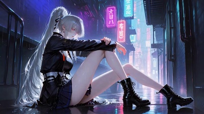 赛博雨夜银发酷飒美少女