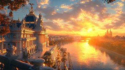 梦幻晚霞河畔宫殿