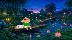 蜡笔小新夏夜荷塘治愈夜景