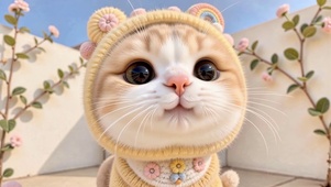 春日花墙下的针织小猫