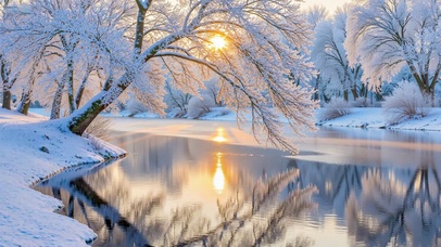 治愈雪景湖泊小溪