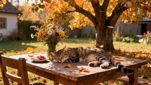 秋日苹果树下酣睡萌猫