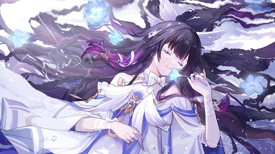 紫黑长发少女手持淡蓝色发光幻花，置身晕染流动的紫白云浪之间。