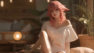 暖光窗边粉发少女