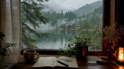 窗畔雾湖山林