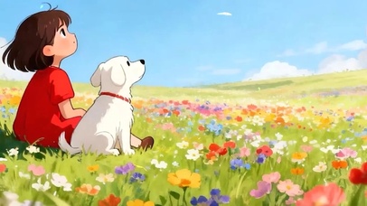 女孩与宠物狗带鱼屏