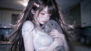 和少女贴贴的萌宠兔