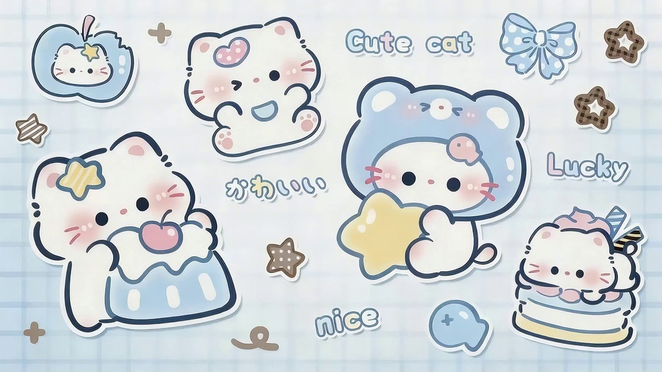 浅蓝格纹背景上的软萌卡通猫咪贴纸合集