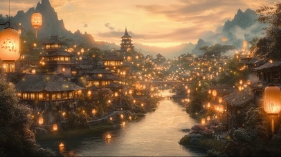 黄昏水乡宏伟古城建筑