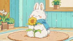 抱着向日葵的围巾小兔